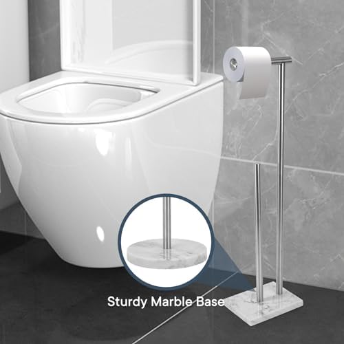 Toilet Paper Holder Stand with Weighted Natural Marble Base, Bathroom Free Standing Toilet Paper Roll Holder with Reserve, Standing Toilet Tissue Holder with Storage (Brushed Nickel, with Storage) - Image 4