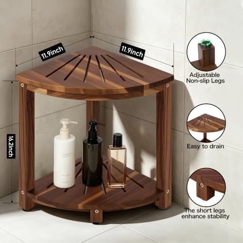 Corner Shower Stool with Storage Shelf, Shower Foot Rest for Shaving Legs, Corner Shelves Shower Caddy Stand, Shower Stool, Sturdy Bathroom Organizer for Kitchen, Living Room–Acacia Wood - Image 2
