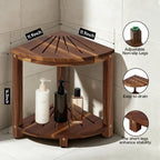 Corner Shower Stool with Storage Shelf, Shower Foot Rest for Shaving Legs, Corner Shelves Shower Caddy Stand, Shower Stool, Sturdy Bathroom Organizer for Kitchen, Living Room–Acacia Wood - Image 2
