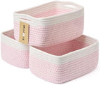 MiniArk Small Storage Baskets for Organizing | Closet Organizer Bins | Shelf Toy Basket | Woven Rope Baskets | Cube Decorative Box | Shallow Basket | 13x8.5x5.1” | 3 Packs White Pink by MiniArkStorageBasketsHome