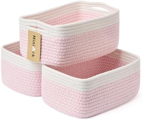 MiniArk Small Storage Baskets for Organizing | Closet Organizer Bins | Shelf Toy Basket | Woven Rope Baskets | Cube Decorative Box | Shallow Basket | 13x8.5x5.1” | 3 Packs White Pink by MiniArkStorageBasketsHome