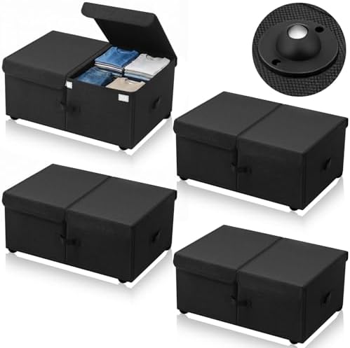 Geelin 4 Pack Under Bed Storage with Wheels, 10 Inch Height 65L Large Capacity Foldable Underbed Storage Bins with Lids & Handles, Easy Assembly Rolling Under Bed Containers for Clothes Blankets Shoes by Geelin