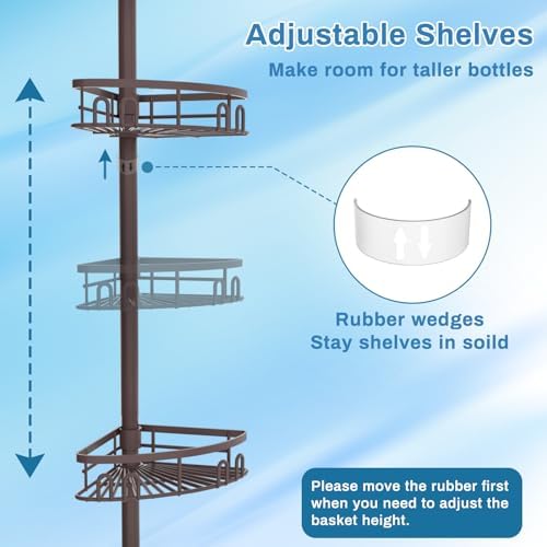 Rustproof Shower Corner Caddy Shelf for Bathroom Tension Pole Organizer with 4 Baskets for Bathtub Shampoo Storage from 23.6 to 114.5 Inch with Towel Bar (Bronze) - Image 6