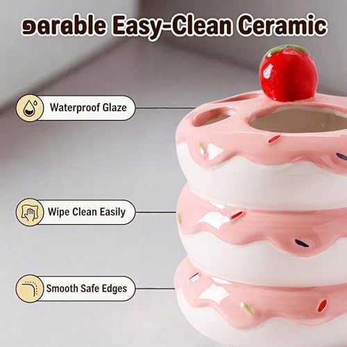 Donut Ceramic Toothbrush Holder, 5-Slot Toothbrush and Toothpaste Holder Cute Toothbrush Holder Set, Bathroom Storage Rack Suitable for Electric Toothbrushes, Toothpaste, Dental Floss (Pink) - Image 5