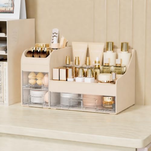 Extra Large Makeup Organizer for Vanity, 3 Drawers and Brush Holder, Countertop Cosmetic Storage for Skincare and Perfume, Thick ABS Bathroom Counter Organizer,Cream Clear - Image 7