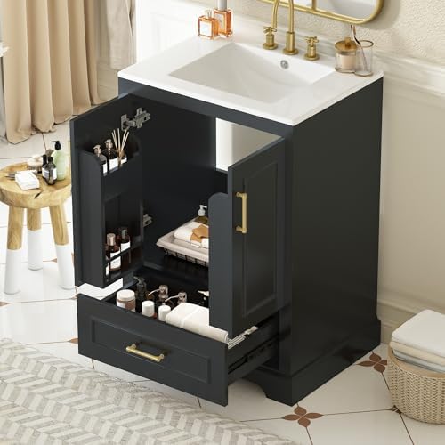 Harper & Bright Designs 24" Bathroom Vanity with Sink, Free Standing Single Basin Vanity with Divided Drawer & 2 Doors with Double Shelf, Wooden Storage Cabinet with Ceramic Basin for Bathroom, Black by HarperBrightDesigns