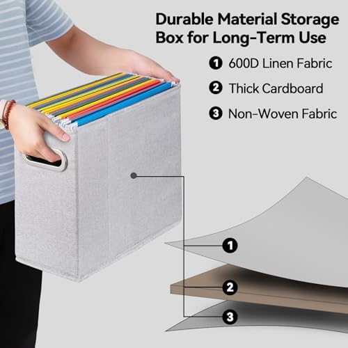 4 Packs Letter Size File Organizer, File Folders Organizer, Fabric Storage Box, Collapsible Paper Organizer with Metal Handle, Smooth PVC Rails, Only Box (Light Gray) - Image 3