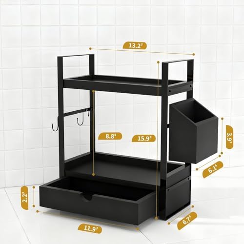 2-Tired Bathroom Counter Organizers and Storage, Coffee Bar Organizer with Drawer, Solid Wood Skincare Perfume Organizer for Vanity Kitchen Corner Shelf Office Countertop (Black) - Image 3