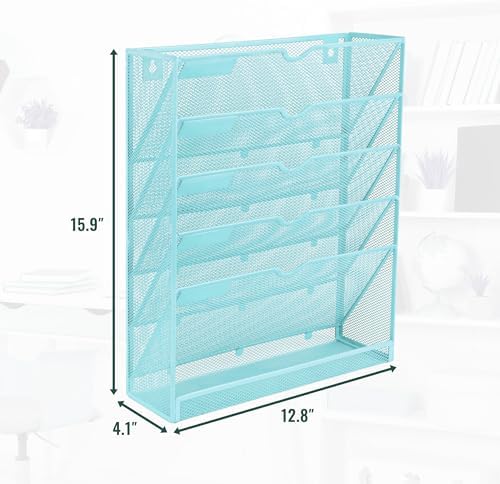 EASEPRES 6 Tier Mesh Hanging Wall File Organizer, Desk Vertical Mail Paper Document Folder Holder Rack with Bottom Tray and Nametag Label for Office Home School, Blue - Image 2