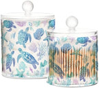 Line Art Turtles Starfish and Coral Qtip Holder Waterproof Dustproof Apothecary Jars with Lids For Bathroom Cotton Swabs Makeup Sponges Floss Picks Bath Salts 2 Pack - Image 2