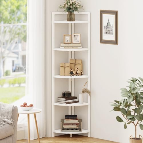 FATORRI Tall Corner Shelf, 5 Tier Modern Corner Bookshelf Stand, Wood and Metal Corner Plant Bookcase for Living Room, Home Office (White Oak) by FATORRI