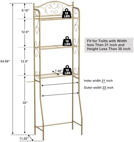 HOME BI Over The Toilet Storage Shelf, 3-Tier Over Toilet Bathroom Organizer Rack, Freestanding Space Saver Toilet Stands with Hooks (Gold) - Image 3