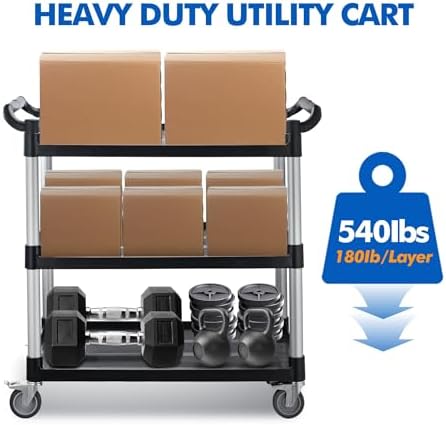 Utility Rolling Carts with Wheels, Large Plastic Service Carts, Heavy Duty Restaurant Cart with 4 Brake Lockable Wheels for Kitchen/Office/Warehouse (3 Tier-40.1×19.7×38.1inches/540lbs) - Image 3