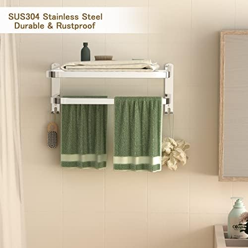 15 Inch Bathroom Towel Rack Towel Shelf with Double Towel Bars Lavatory Wall Mount Holder with Hooks Stainless Steel Hotel Bath Rack - Image 5