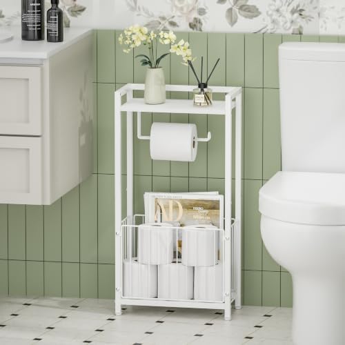 Freestanding Toilet Paper Holder with Storage Shelf, White - Image 6