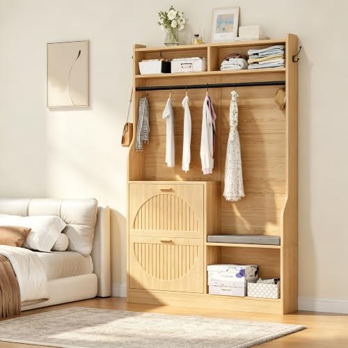 43.3" Hall Tree with Shoe Storage, Entryway Coat Rack with Flip Drawers Shoe Cabinets, Padded Shoe Changing Bench, Metal Hanging Rod & Hooks, Fluted Grain Accent Entryway Organizer for Hallway - Image 7