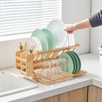 Bamboo Dish Drying Rack, 3 Tier Collapsible Wooden Dish Drainer Rack with Utensil Holder, Plate Rack for Kitchen Counter, Large Folding Drying Holder 51 pcs Grid - Image 3