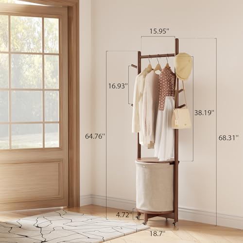 CycleCrew Solid Wood Coat Rack with Fabric Basket - Freestanding Coat Rack Rolling Coat Tree with 9 Hooks Wheels, Small Clothes Rack For Entryway Bedroom Hallway Living Room - Image 2