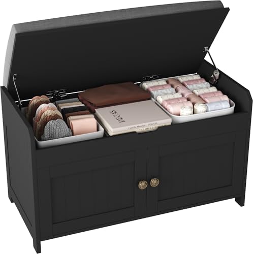 HOMEFORT 30" Shoe Bench with Lift Top Storage, Entryway Bench with Cushioned Seat, Wooden End of Bed Bench, Shoe Cabinet Bench with Hidden Storage Space, for Bedroom, Hallway,Black by HOMEFORT