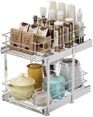 EZKAZA Pull Out Cabinet Organizer for Kitchen Utensil 14.5" W x 21" D, 2-Tier Cabinet Pullout Shelves and Drawer Organizer Slide Out Pantry Storage Basket, Bottom Basket 13.2" W x 20.4" D x 4.7" H by Unknown