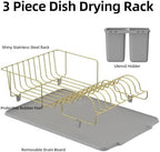 Buruis Dish Drying Rack for Kitchen Countertop, Large Capacity Gold Stainless Steel Dish Drainer with Anti-Slip Rubber Feet, Removable Drain Board and Utensil Holder (Gray Tray) - Image 3