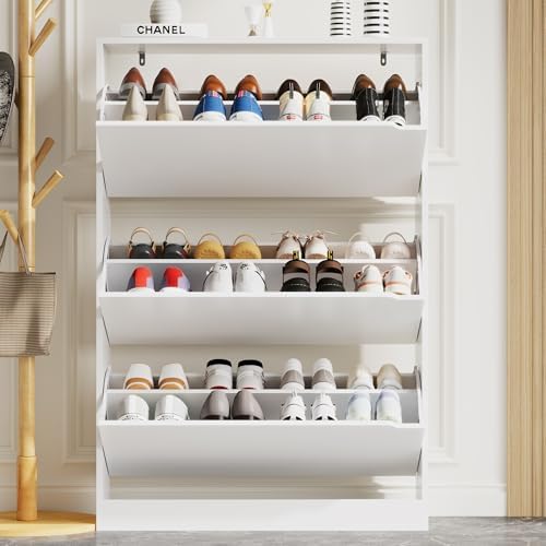 Xixini Shoe Storage Cabinet for Entryway with 3 Flip Drawers, Sturdy Wood Hidden Shoe Storage, Freestanding Narrow Slim Shoe Organizer for Front Door Entrance, Living Room, Hallway, Bedroom, White - Image 6