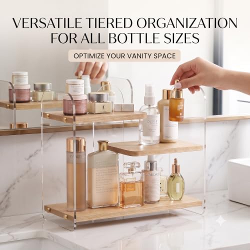 3-Tier Acrylic & Wood Bathroom Vanity Countertop Organizer Shelf - Image 3