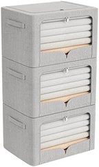 FHSQX 3 Pack Clothes Storage Bins Foldable Metal Frame Storage Box Extra Large Stackable Linen Fabric Organizer Set with Carrying Handles and Clear Window (Light Gray, 23.6x16.5x15.7inch(100L)) by FHSQX