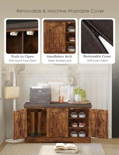 DINZI LVJ Shoe Storage Bench with Cushion, Door, Rustic Brown 39.4"LX21.5"H - Image 5