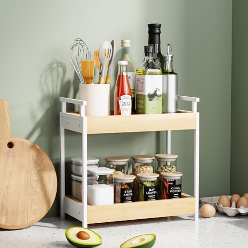 KLM Countertop Coffee Station Organizer, 2 Tier Wooden Shelf for Coffee Bar Accessories, Condiment Storage Caddy for Kitchen, Bathroom Counter Organizer, Home, Office - Natural - Image 4