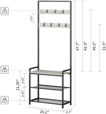 Hall Tree with Shoe Storage Bench - Entryway Bench with Coat Rack and Hooks - 3-in-1 Small Hall Tree for Entry Way, Entrance, Hallway, Doorway, Front Door, Mudroom, Small Space - Greige - Image 3