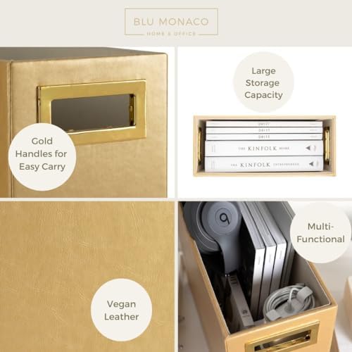 BLU MONACO | Magazine Holder Wooden Gold Basket | Vertical File Organizer for Floor or Bathroom | Narrow Decorative Storage Rack with Handles - Image 3