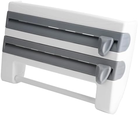Plastic Wrap Dispenser, Wall Mount Kitchen Sauce Bottle Storage Rack Paper Towel Holder Foil Cling Film Cut Dispenser with Cutter (Grey White) - Image 4