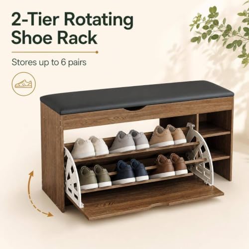 Shoe Storage Bench with Cushion, Rotating Rack for Entryway - Image 3