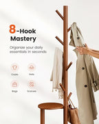 Pipishell Solid Wood Freestanding Coat Rack with 8 Hooks & Shelves, Brown - Image 4