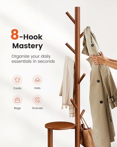 Pipishell Solid Wood Freestanding Coat Rack with 8 Hooks & Shelves, Brown - Image 4