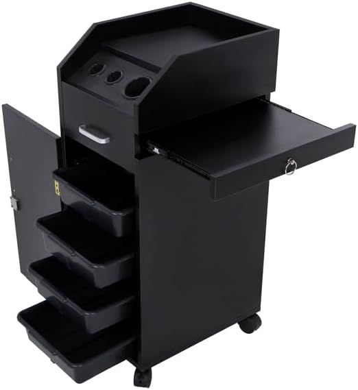 Hair Salon Storage Cart with Wheels & 3 Hair Dryer Holders & 4 Drawers & Lock & 2 Keys, Hairdressing Tools Station Mobile Makeup Case (Black) - Image 7