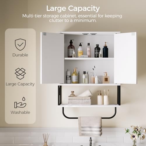 MAHANCRIS Bathroom Wall Cabinet with 2 Door and Adjustable Shelf, Farmhouse Medicine Cabinet with Towel Rack, 3-Tier Wall Mounted Storage Cabinet Over The Toilet for Bathroom, 18.9" L, White - Image 4