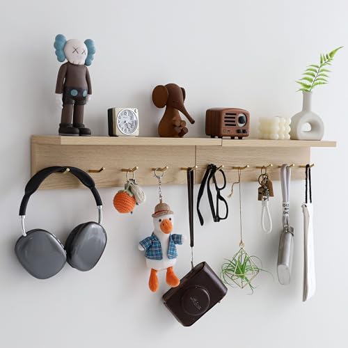 Marine Plywood Wall Mounted Coat Rack with Shelf & Key Hooks, 5 Brass Hooks Entryway Organizer, Modern Floating Shelf for Bedroom Hallway, Space-Saving Home Storage Rack (2, Oak Finish) - Image 4