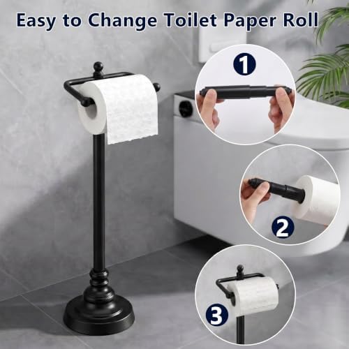 Trongee Toilet Paper Holder Stand, Freestanding Toilet Paper Holder with Weighted Base, Black Metal Toilet Paper Stand with Spring-Loaded Roll Bar, Fits Regular, Double & Mega Rolls for Bathroom - Image 4