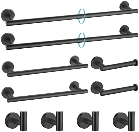 TURS Matte Black 10 Pieces Bathroom Hardware Set, SUS304 Stainless Steel 24 Inch Bath Towel Bar Set, Round Bathroom Accessories Kit Wall Mounted by TURS