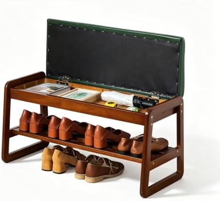Solid Wood Shoe Rack Bench with Flip-Top Storage, Green, 31.5'' by ABAMFUR