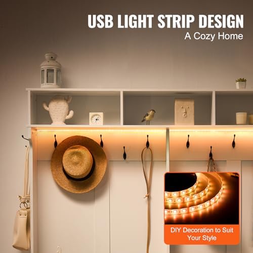 VEVOR Hall Tree Entryway Bench, LED Coat Rack with Shoe Storage, 59" Wide Mudroom Bench with Storage and Seating, Adjustable Shelves and 12 Hanging Hooks, for Mudroom, Entryway, Hallway - Image 6