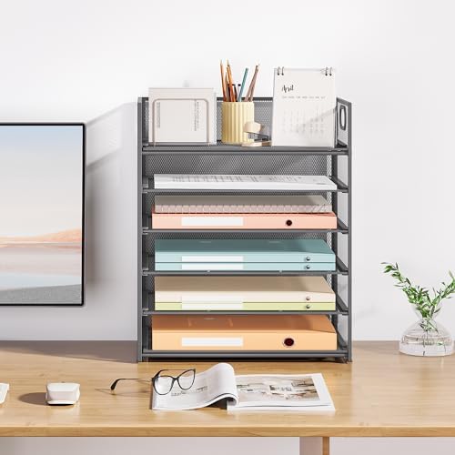 Subekyu 6-Tier Desk Paper Organizer, Desktop File Letter Tray with Handle, Document Sorter and Accessories Holder for Office, Home and School Workspace Organizers, Gray-2 Pack - Image 7