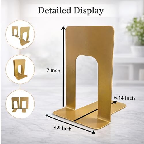 Alessk Dark Matte Gold Bookends for Shelves, Heavy Duty Metal Bookends Supports Heavy Books, Decorative Gold Stops for Home or Office Decoration - 3 Pairs (6 Pieces). - Image 4