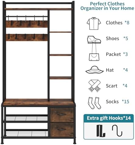 LUMTOK Hall Tree with Bench & Shoes Storage,Entryway Coat Rack with Drawers - Image 6