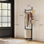 CycleCrew Solid Wood Coat Rack with Fabric Basket - Freestanding Coat Rack Rolling Coat Tree with 9 Hooks Wheels, Small Clothes Rack For Entryway Bedroom Hallway Living Room - Image 2