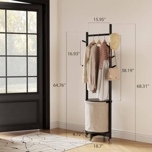 CycleCrew Solid Wood Coat Rack with Fabric Basket - Freestanding Coat Rack Rolling Coat Tree with 9 Hooks Wheels, Small Clothes Rack For Entryway Bedroom Hallway Living Room - Image 2