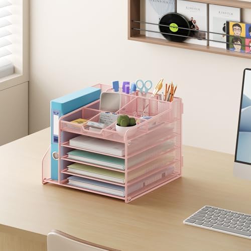 Lavatino Desk Organizer, 5-Tier Metal Mesh Paper Letter Tray with File Holder & 7 Flexible Dividers for Office or Home Desk Organizers and Accessories, Keep Workspace Supplies Neat & Organized, Pink - Image 4