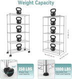 Whitmor 5 Tier Storage Shelves, Heavy Duty with Wheels, Adjustable Steel Organizer, 200 lbs Capacity per Shelf, Max 1000 lbs Total for Home, Garage, Workshop, 36" L x 18" W x 71" H, Chrome - Image 3